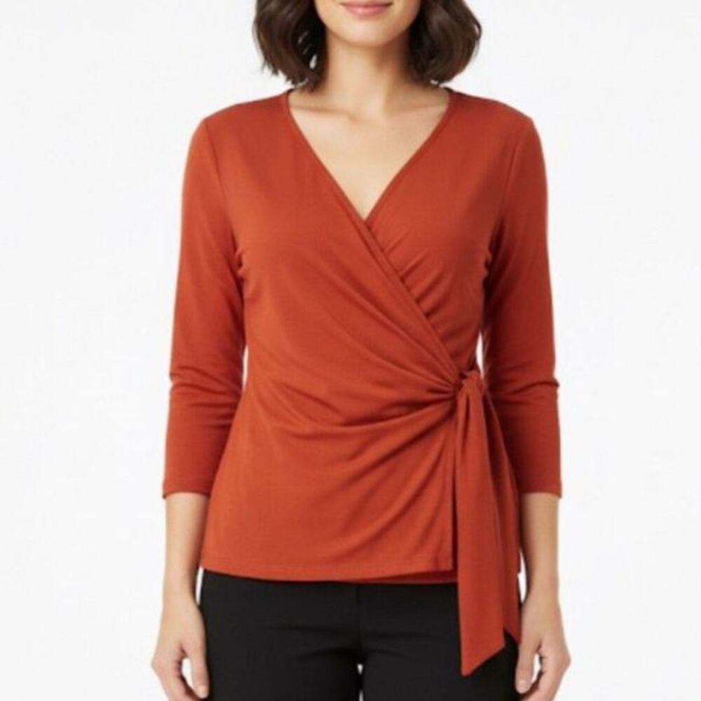 Karen Kane Womens Russet Orange 3/4 Sleeve Draped Side-Tie Wrap-Style Tunic Sz M